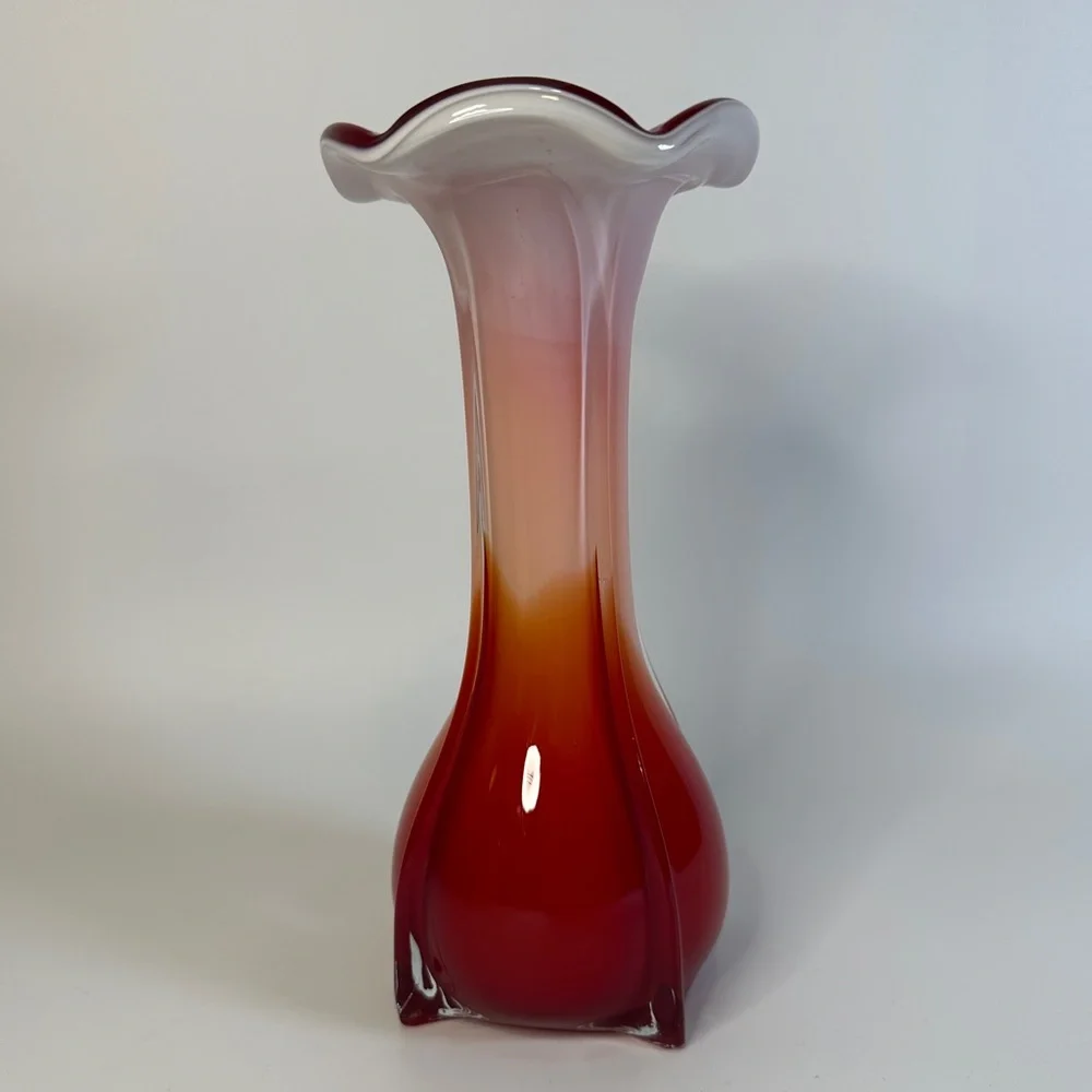 VTG Ruffled Ombre White Orange Red Flower Vase Murano Style Art Deco 8”
